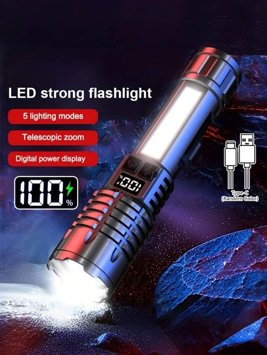 1/2pcs High Lumen LED Flashlight, Adjustable Focus Flashlight With COB Work Light And Battery Indicator, Built-In Large Capacity Battery, USB-C Fast Charging, Suitable For Home, Car Repair, Night Walking