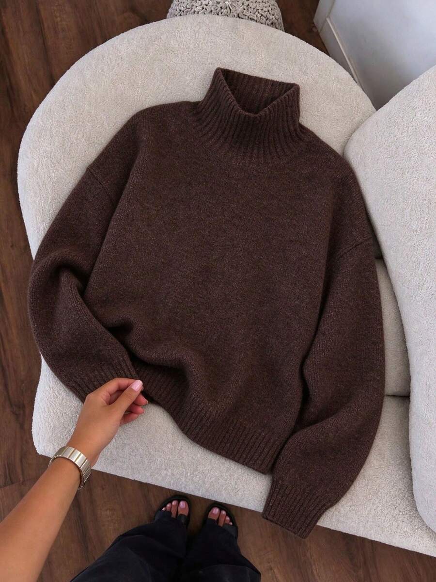 Lazy Relaxed High Neck Autumn/Winter Loose Drop Shoulder Warm Knit Sweater, Ribbed Thick Soft Pullover Top, Minimalist Commute All-Match Layering Versatile Knitwear