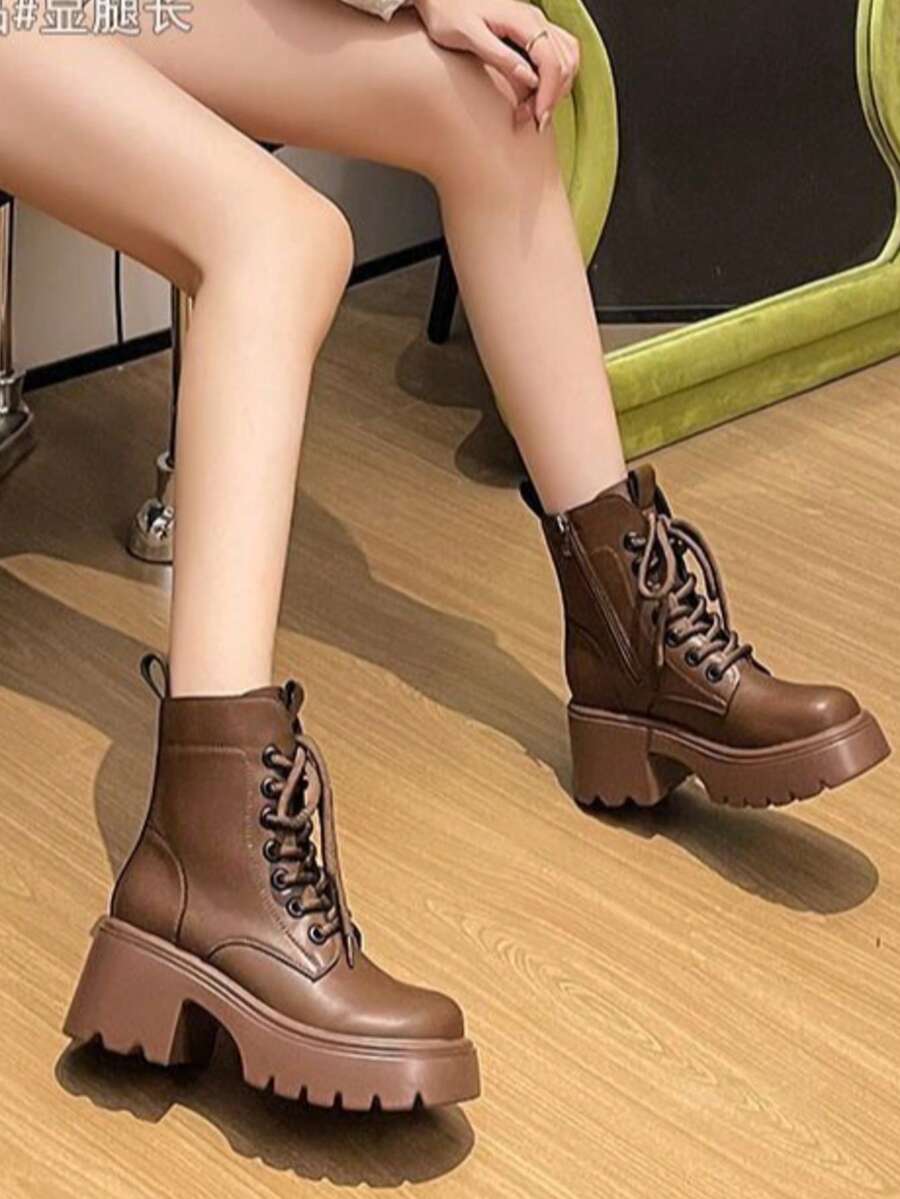 2026 New British Style Women's Boots, Lace-Up Chunky Heel High Heel Ankle Boots, Motorcycle Boots, Brown Boots - Brown - View 1