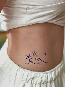 Tattoo Stickers, 2 Sheets/Set Minimalist Wave Coconut Tree Sun Moon Line Temporary Tattoo Stickers, Waterproof Long-Lasting Vacation Style Forearm Wrist Collarbone Temporary Tattoo Stickers, Long-Lasting Non-Permanent Stickers, Disposable Lasts 1-2 Weeks, Decorative Stickers, Ideal Gift For Fashion Enthusiasts - Light Grey - View 4