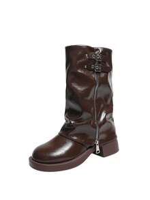 Women's Vintage Double Buckle Slouch Mid-Calf Boots, Chocolate Brown Knight Boots, Western Pleated Shaft Boots - Coffee Brown - View 10