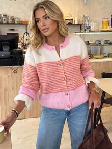 Just Masa Women's Fall Winter Casual Y2K Contrast Stripe Sweater,Ruffle Balloon Sleeve Button Up Sweater Cardigan,For Daily Wear,Going Out,Christmas - Pink - View 5