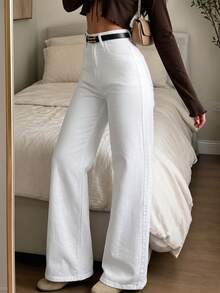 White Washed Denim Straight Leg Jeans For Women, Casual Extra Long With Button And Pockets, Medium Stretch Fabric - White - View 1