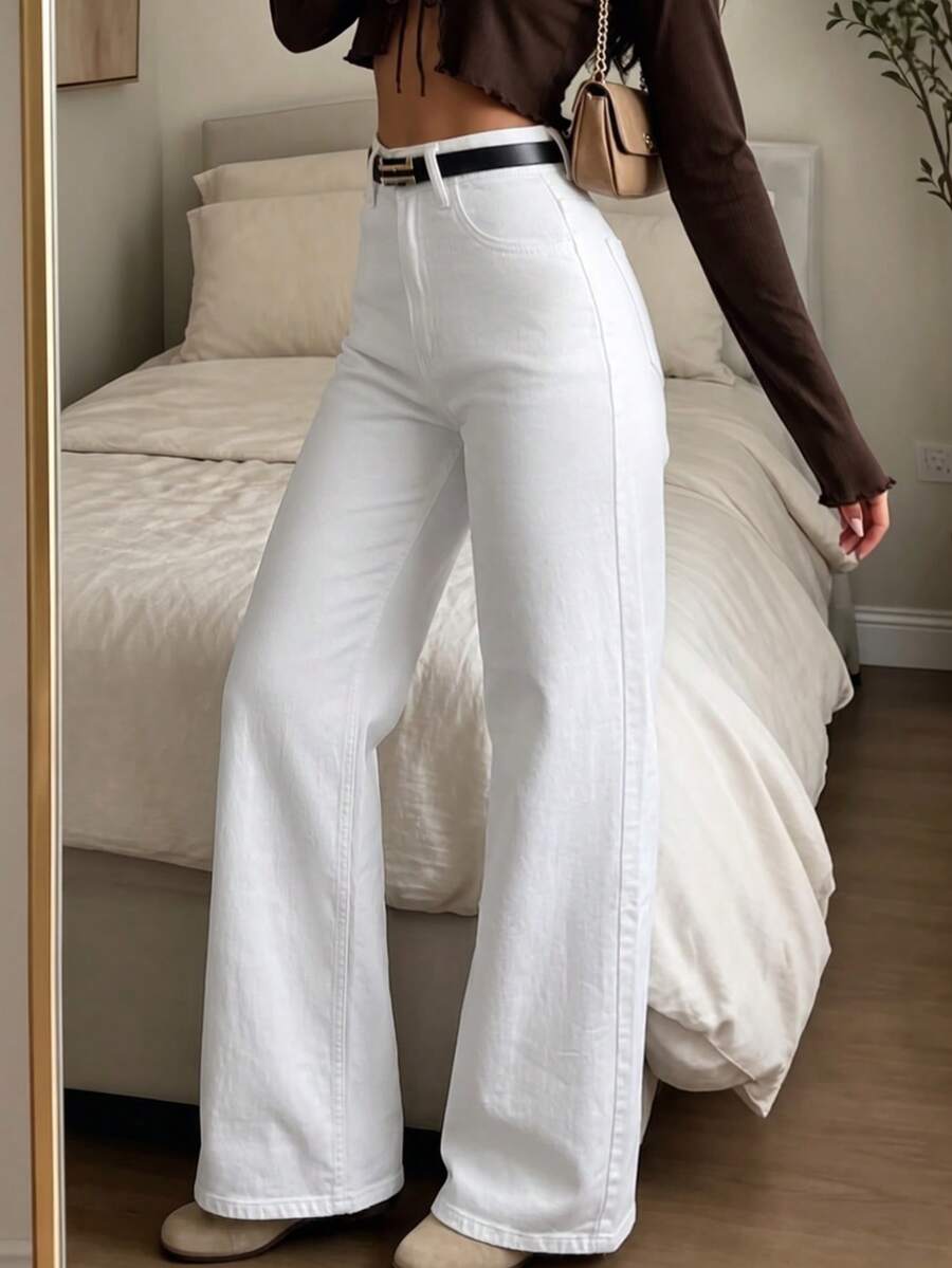 White Washed Denim Straight Leg Jeans For Women, Casual Extra Long With Button And Pockets, Medium Stretch Fabric - White - View 1