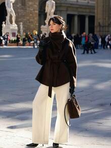 Women's Brown Funnel Neck Belted Long Sleeve Jacket With Pockets, Elegant Polyester Regular Length Autumn/Winter Fashion - Brown - View 1