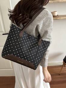 2026 Korean Style Polka Dot Tote Bag For Women, Large Capacity Commuter Shoulder Bag, New Student School Versatile Handbag - Black - View 5