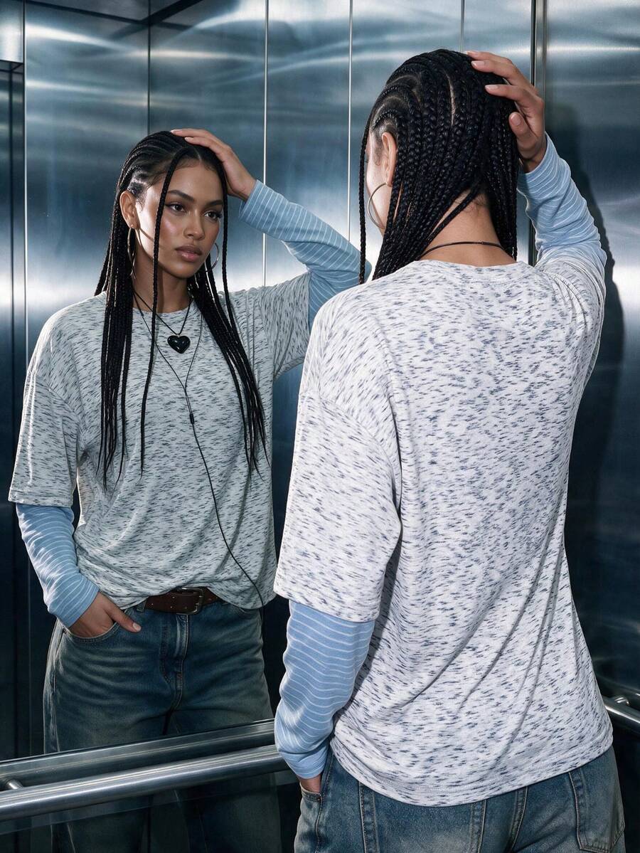 Women's Casual Knitwear Mock Layered Oversized Long Sleeve T-Shirt For Daily Fall & Winter, Going Out, Y2k - White - View 1