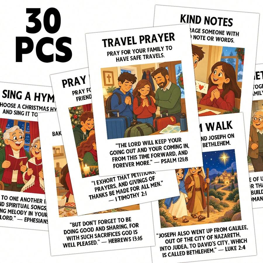 30pcs Christian Christmas Family Activity Cards, 2.5*3.5inch Nativity Bible Verse Prompt Cards, Religious Christmas Devotional Cards, Family Advent Scripture Game Cards For Holiday Faith Activities