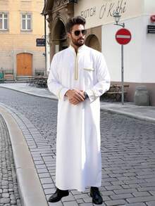 1PC Fashion Casual Stand Collar Arabic Men's Long Robe, Saudi Kandura/Saudi Men's Long Robe - Men's Islamic Long Robe, Suitable For Eid And Daily Wear, Loose Fit, Dishdasha/Moroccan Style, Soft And Comfortable Fabric, Skin-Friendly And Breathable, Middle Eastern Traditional Clothing, Muslim Prayer Robe - White - View 6