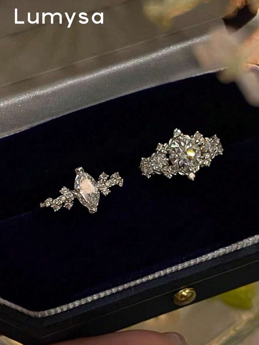 2pcs Elegant Cubic Zirconia Oval Open Copper Ring Set, Suitable For Women's Ball And Wedding Wear