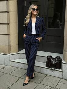 Women's Cropped Button Long Sleeve Jacket & Striped Colorblock Pants Suit 2pcs Set - Warm Grey Black Stripe - View 4