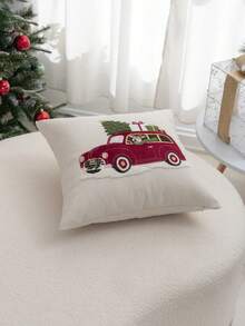 1pc Christmas Tree Embroidered Pillow Case, Christmas Red Flag Car & Reindeer Pillow Cover, Suitable For Indoor Decoration, Christmas Decor, All-Season Pillow Case, Without Insert - Multicolor - View 7