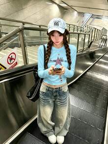 Early Autumn Star & Letter Print Unique T-Shirt For Women, American Street Style Round Neck Inner Layer Sky Blue Long Sleeve Top Casual - Sky Blue - View 1