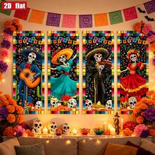 2D Flat Style, 4pcs Mexican Festival Banner, Suitable For Day Of The Dead Decoration, Vertical Hanging Backdrop With Skeleton Music And Dance Pattern, Can Be Used For Indoor Party, Photography And Ritual Activities - A - View 5