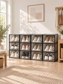 12pcs Large Shoe Boxes, Back To School, Stackable Modular Shoe Box, Clear Plastic Shoe Box With Lid, Shoe Display Box, White, Black, Grey - View 1