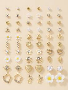 1 Set Of 60pcs Fashion Metal Butterfly Heart Rhinestone Moon Bow Flower Stud Earrings Set Holiday Gift Jewelry Women Can Wear Daily Multi-Piece Set - Yellow Gold - View 9