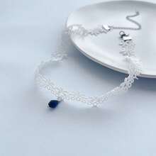1pc Fashionable Minimalist Versatile Elegant Vintage Hollow Lace Glass Pendant Choker Necklace Neck Chain Necklace Women's Accessory Decoration Suitable For Daily Wear - White - View 2