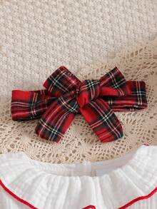 Baby Girl Spring/Autumn Christmas White Cotton Crinkle Fabric Ruffle Collar Puff Sleeve Big Bow 2 In 1 Jumpsuit + Matching Plaid Headband - White - View 4