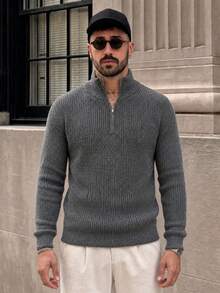 Lookun Men's Half-Zip High Neck Pullover Sweater, Autumn/Winter Dropped Shoulder Long Sleeve Casual Relaxed Street Style Outfit For Store Visits And Short Trips - Dark Grey - View 4