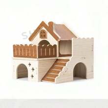 Wooden Hamster Hideout House For Pet Hamsters, Golden Hamster Large Villa Double-Layer Sleeping Bed, Solid Wood Peeping House - L - View 3