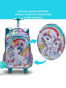 3PCS Kids Wheeled Travel Bag, Double-Sided Green Cartoon Unicorn Sequins Design Bookbag For Students, With Handbag And Pen Bag, Nighttime Reflective. - Green - View 5