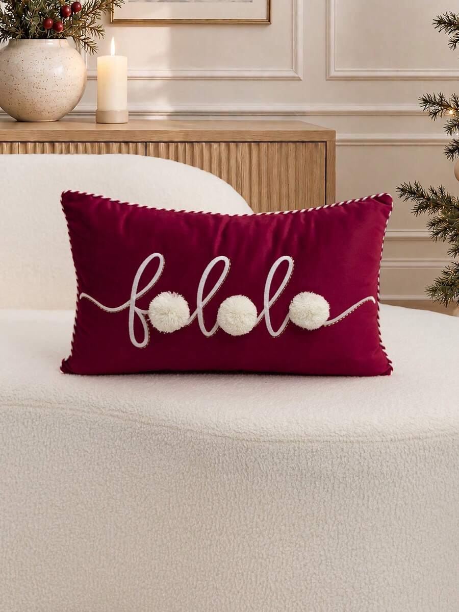 1件裝聖誕紅色Falala字母刺繡枕套，適合室內裝飾、聖誕裝飾，四季通用，不含枕芯