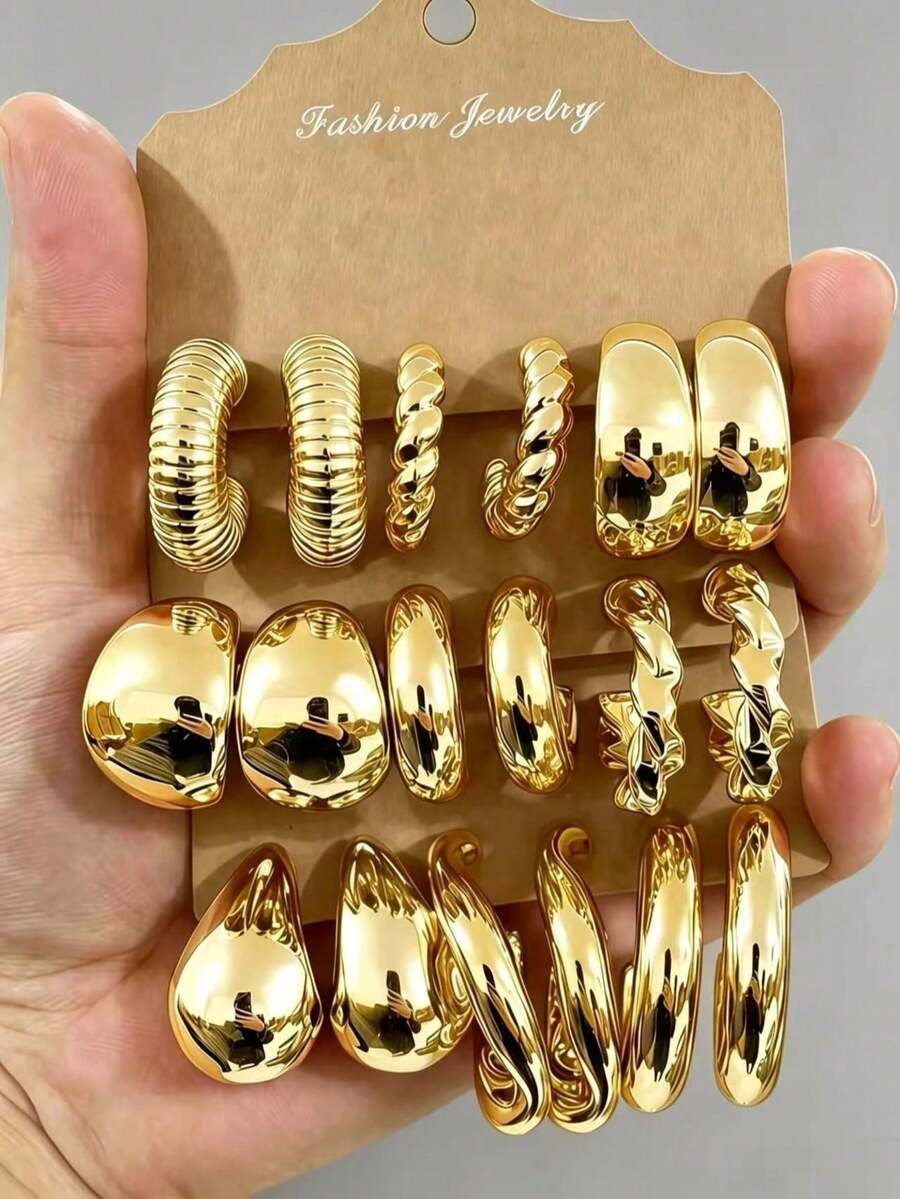 6/18pcs Fashion Geometric Women's Earrings Set, Suitable For Daily And Holiday Wear, Gift For Friends, Besties And Family, Lightweight And Fade-Resistant. - Gold - View 1