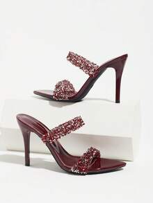 Women's Burgundy Glossy Rhinestone Pointed Toe Stiletto Heel Slide Sandals, Double Strap Embellished Open Toe High Heel Mule Shoes, Sexy Party Evening Wedding Outdoor Wear - Burgundy - View 6