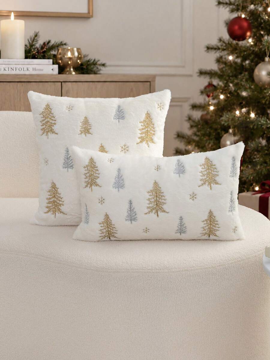 1pc Christmas Tree Embroidered Pillow Case, Christmas Snowflake Pillowcase, Suitable For Indoor Decoration, Christmas Decoration, All-Season Pillowcase, Without Insert