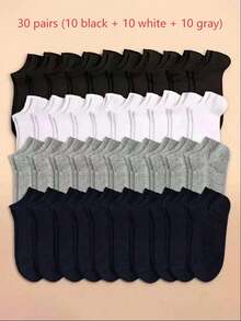 30 Pairs Women's Black White Gray Short Socks, Fashionable Minimalist Short Socks - Black - View 4