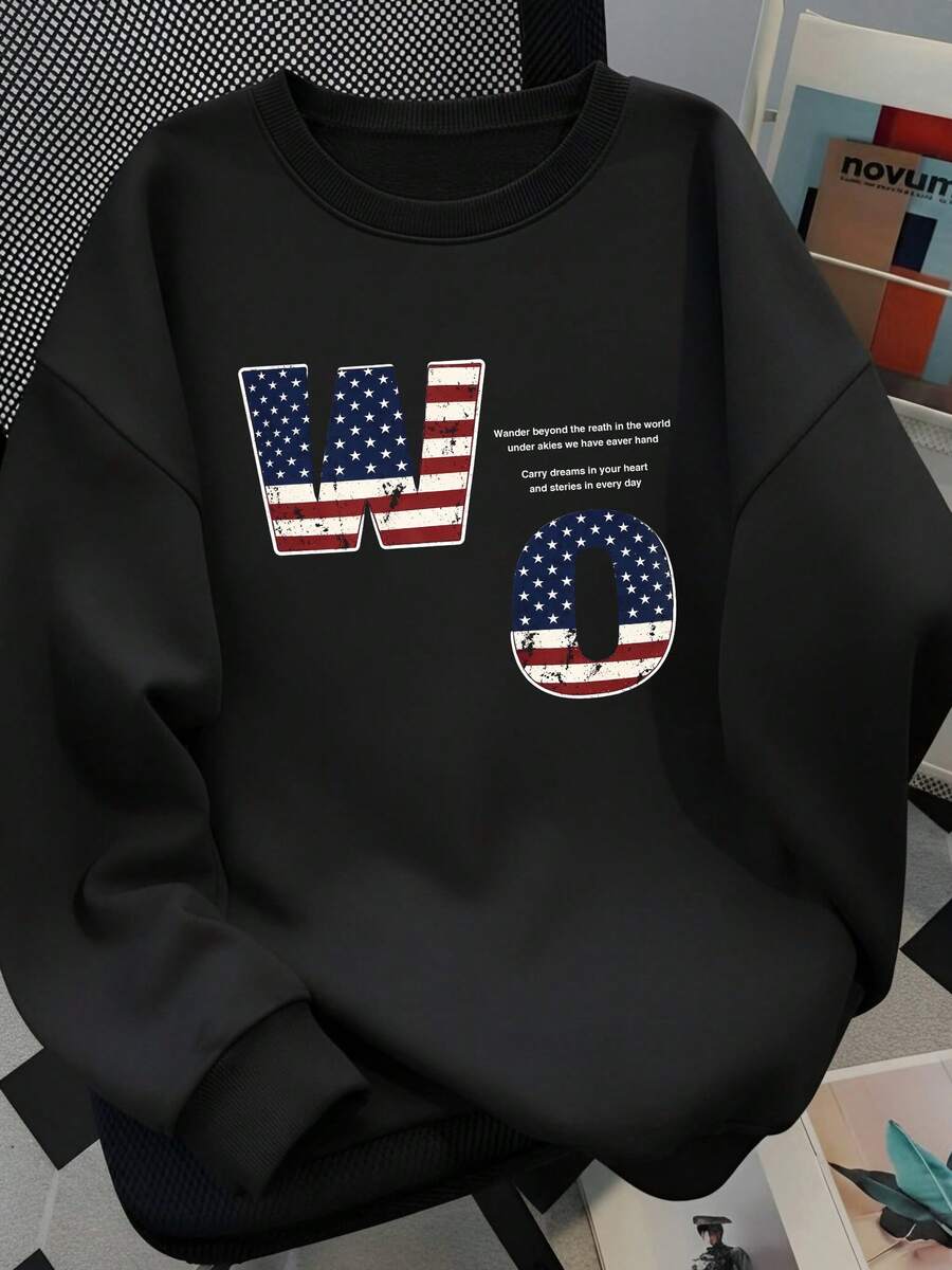 American Style Flag Element Letter Graphic Oversized Crew Neck Pullover Sweatshirt For Women, Casual Everyday Autumn Wear - Black - View 1