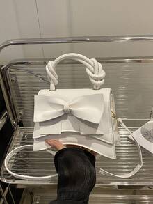 純色百褶邊蝴蝶結翻蓋斜挎包 PU 女款手提包 - 白色 - 查看 7