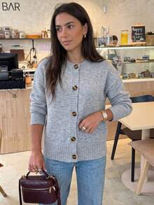 Just Masa Women's Fall Casual Elegant Cardigan,Round Neck Button Up Long Sleeve Loose Basic Solid Color Knitwear,For Daily Wear,Travel,Date,Going Out - Grey - View 1