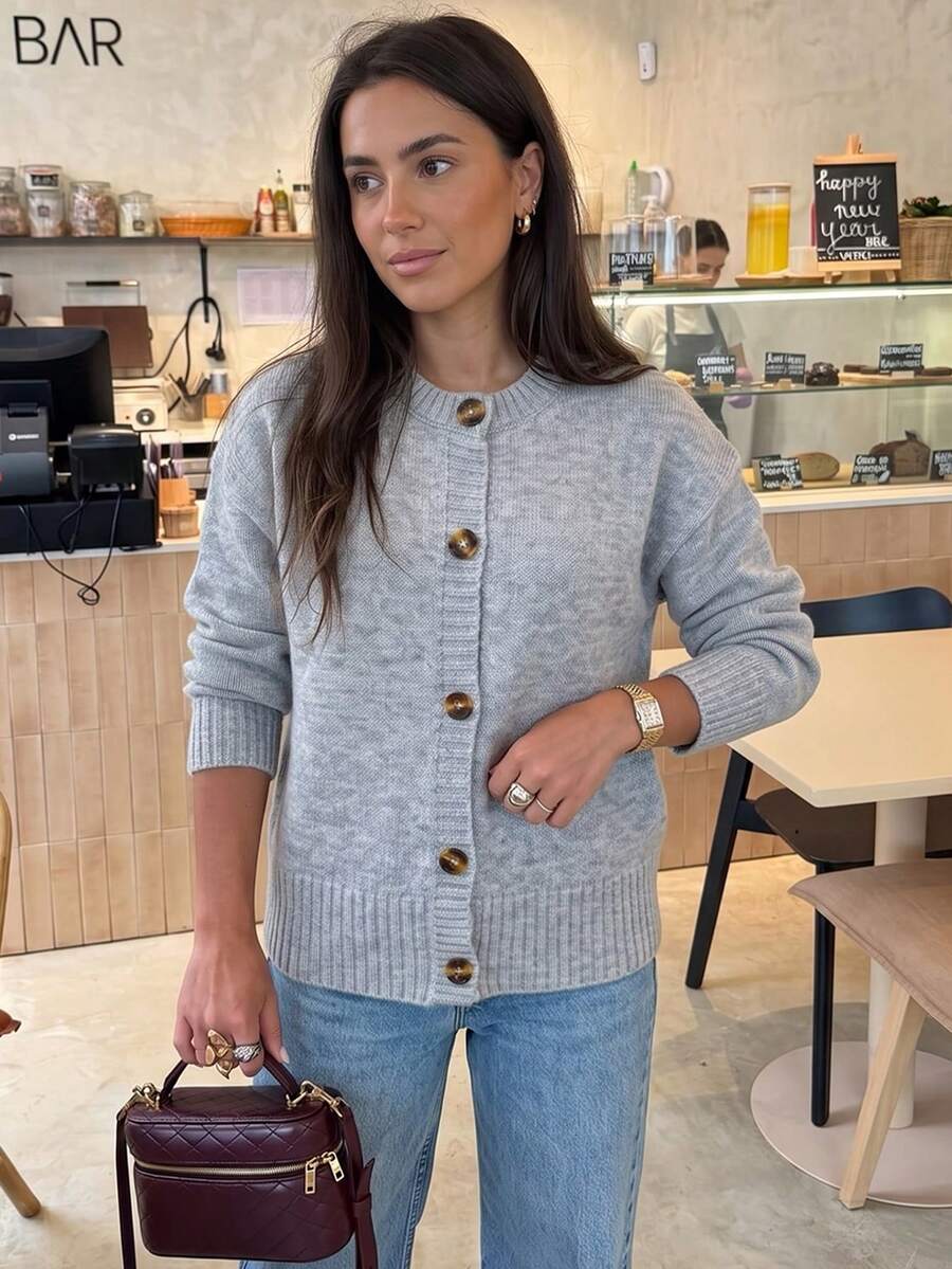 Just Masa Women's Fall Casual Elegant Cardigan,Round Neck Button Up Long Sleeve Loose Basic Solid Color Knitwear,For Daily Wear,Travel,Date,Going Out - Grey - View 1