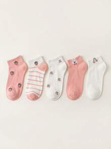 5 Pairs Women's Cute Strawberry, Rabbit, Cherry Short Socks, Ins College Style, Comfortable Soft Breathable, Versatile For Daily, Sports, Casual Wear, Suitable For Spring, Summer, Autumn - Multicolor - View 2