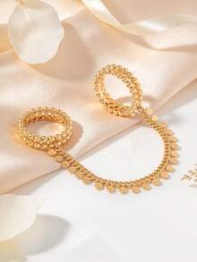 1pc 18K Gold-Plated Beaded Tassel Disc Chain Ring, Women's Jewelry For Parties And Daily Wear. Perfect For Wedding Or Ramadan Gifts - Gold - View 7