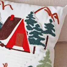1pc Christmas Tree Embroidered Pillow Case, Winter Cabin Reindeer & Christmas Tree Embroidered Cushion Cover, Suitable For Sofa Bedroom Holiday Home Decor, Pillow Insert Not Included - Multicolor - View 7