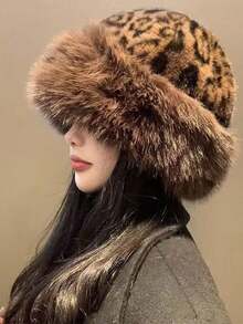 1pc Leopard Print Warm Plush Hat For Women, 2026 Autumn/Winter Retro Thickened Cold-Proof Face-Slimming, Suitable For Cold Weather Wear - Leopard Print Bucket Hat - View 2
