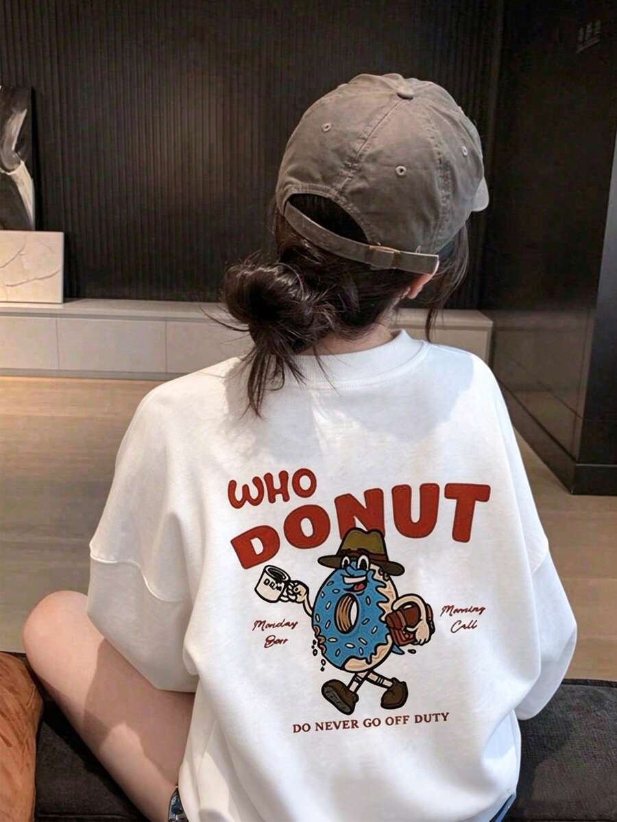 Women's Fashion Autumn/Winter Loose Minimalist Versatile Letter & Cartoon Print Long Sleeve T-Shirt - White - View 1