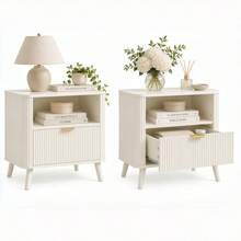 Set Of 2 Bedside Tables, Fluted Bedside Cabinets With Drawer & Open Shelf, Rounded Corner Nightstands With Gold Handles, Raised 4-Leg Solid Wood Base, White - Nightstands+Cream White - View 10