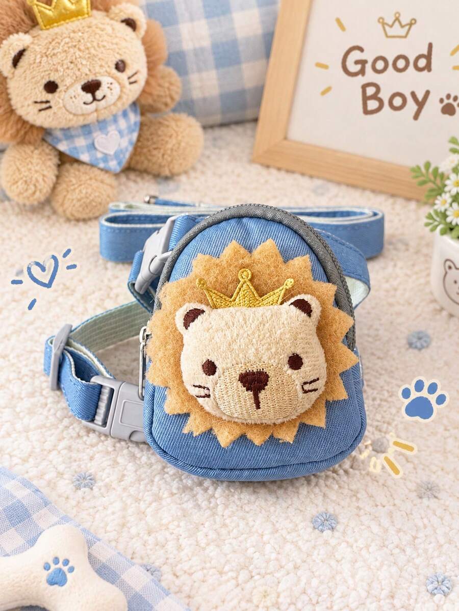 1pc Plush Lion Decorative Backpack Pet Collar And Leash Set, Chest Harness, Treat Bag For Food Or Poop Bags, Suitable For Walking Cats/Dogs, Designed For Small Cats And Dogs, Providing Effective And Comfortable Mobility Support - Multicolor - View 1