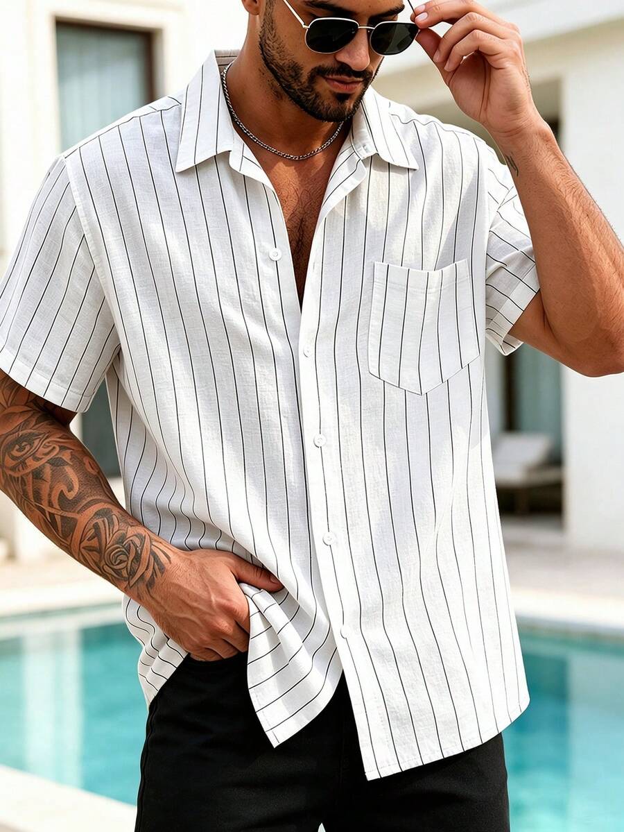 1件男士夏季休閒條紋襯衫,綠色亞麻混紡短袖鈕扣上衣,適合休閒、度假穿著,送給男士的完美禮物 - 白色 - 查看 1