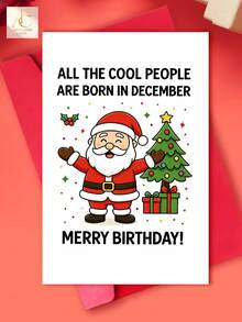 December Birthday Christmas Greeting Card, Cute Santa Claus Xmas Tree Design, All The Cool People Are Born In December, Merry Birthday Card, Funny Dual Celebration Card For December Babies, Holiday Birthday Gift Keepsake - One Size Fits All - View 1