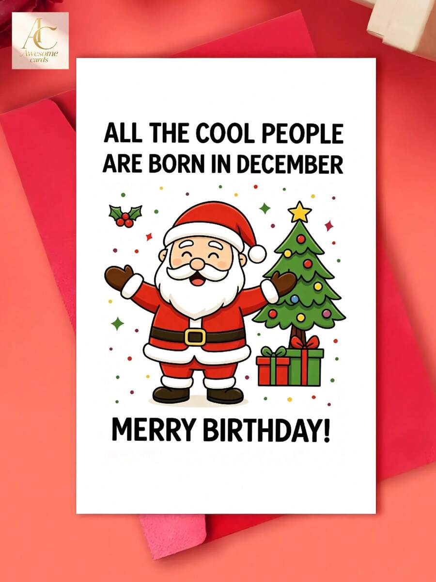 December Birthday Christmas Greeting Card, Cute Santa Claus Xmas Tree Design, All The Cool People Are Born In December, Merry Birthday Card, Funny Dual Celebration Card For December Babies, Holiday Birthday Gift Keepsake - One Size Fits All - View 1