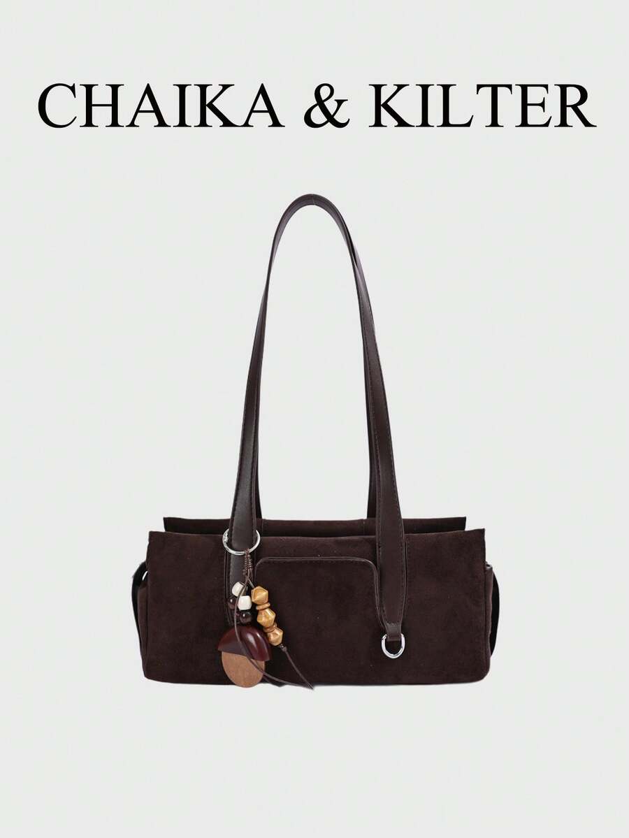 1pc Minimalist Fashion Suede Fabric Shoulder Bag Suitable For Commuting, Shopping, Etc. (With Pendant)