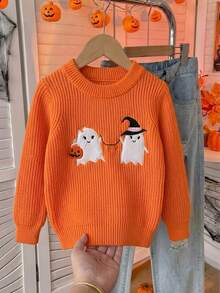 Sweater Rajut Bordir Hantu Lucu untuk Anak Perempuan, Cocok untuk Halloween, Musim Semi, Musim Gugur, Musim Dingin - Jeruk - View 1