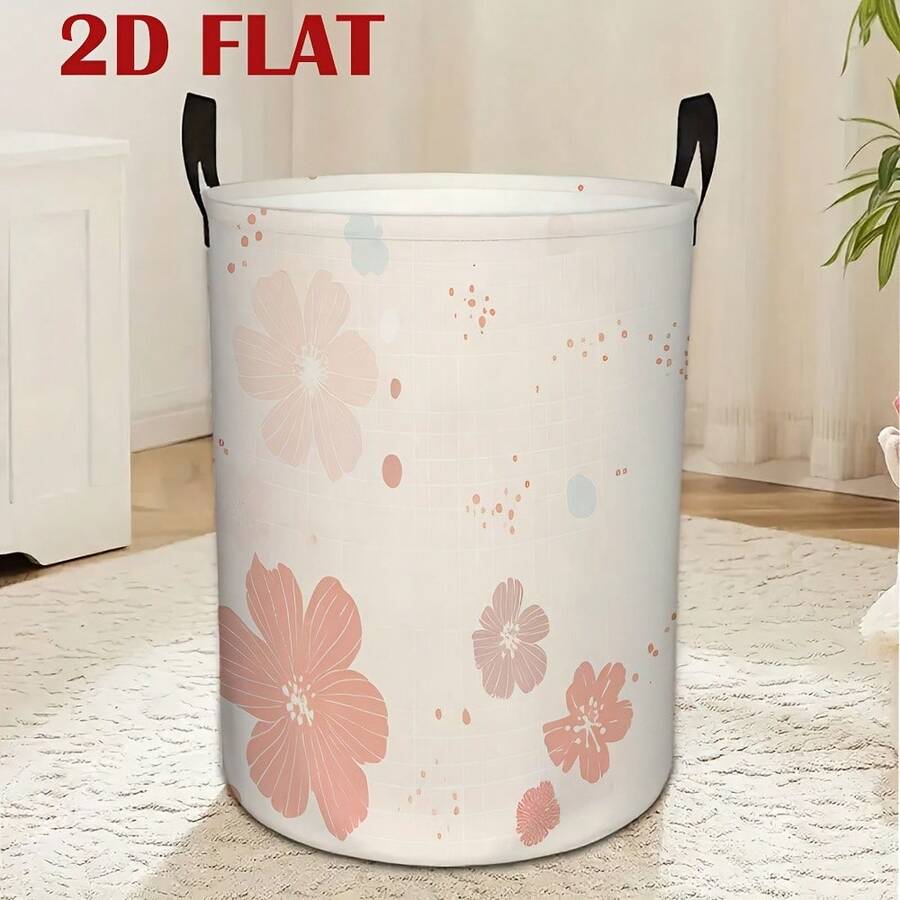 Soft Pink Floral Grid Pattern Foldable Laundry Basket, Large Capacity Round Storage Hamper With Portable Handles, Waterproof Dirty Clothes Storage Bin, Collapsible Toy Organizer For Bedroom Dorm Home Decoration, Housewarming Gift - Pink - View 1