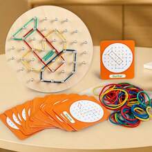 New Children's Educational Wooden Round Creative Geometric Peg Board, Versatile Early Learning Development Toy, Kindergarten And Primary School Teaching Aid, Rubber Band Shape Construction Toy, Christmas Gift - Multicolor - View 7