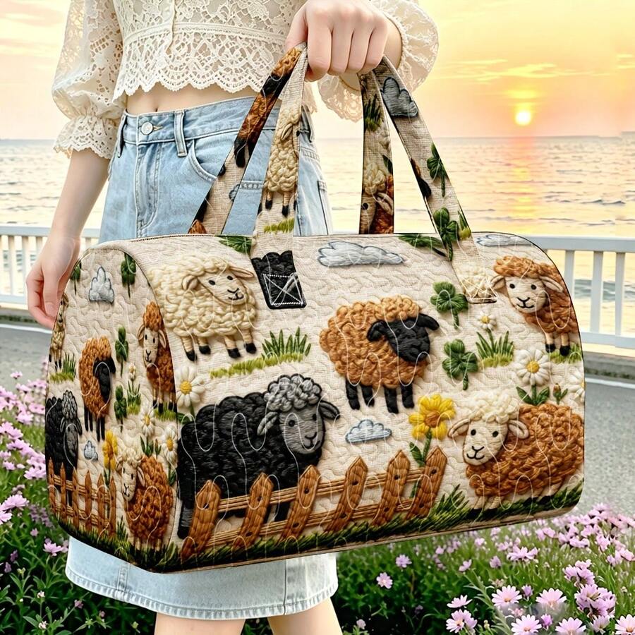 1pc Cream Color Quilted Round Handbag With Sheep Fence Sunflower Clover Pattern Farm Style Gift Thanksgiving Farm Decor - Multicolor - View 1