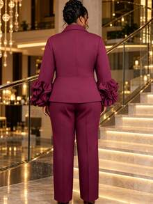 Plus Size Burgundy Two Pieces Pants Suit Long Sleeve Shawl Collar Peplum Blazer With Ruffle Flare Cuff Elegant Formal Church Business Fall Outfit - Burgundy - View 6